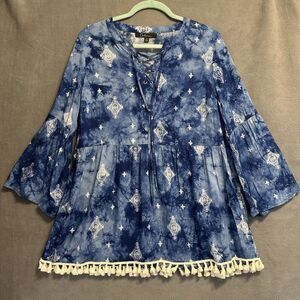 Calessa Tie Dye Tunic Top Size S Blue Lace Up Fringe Fairy Boho Festival Western